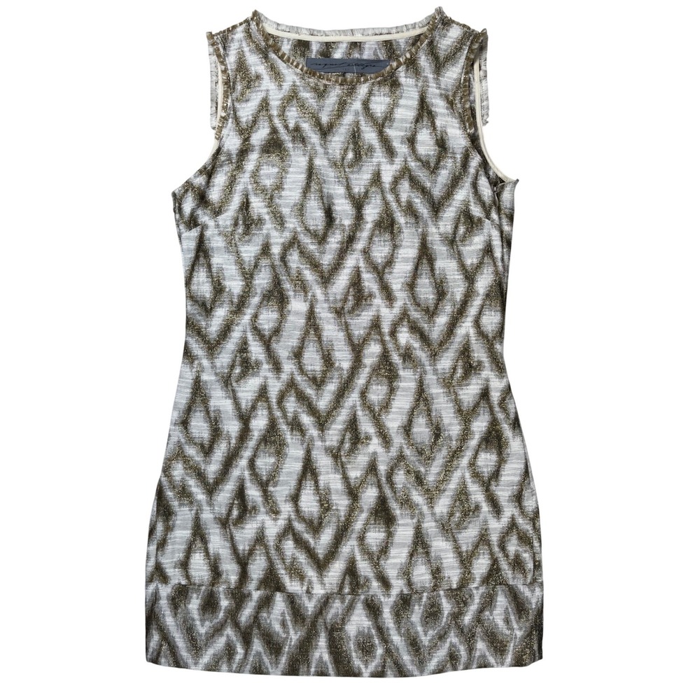Raquel Allegra Shift Dress Womens Small Gold White Metallic Ikat Pattern Fringe